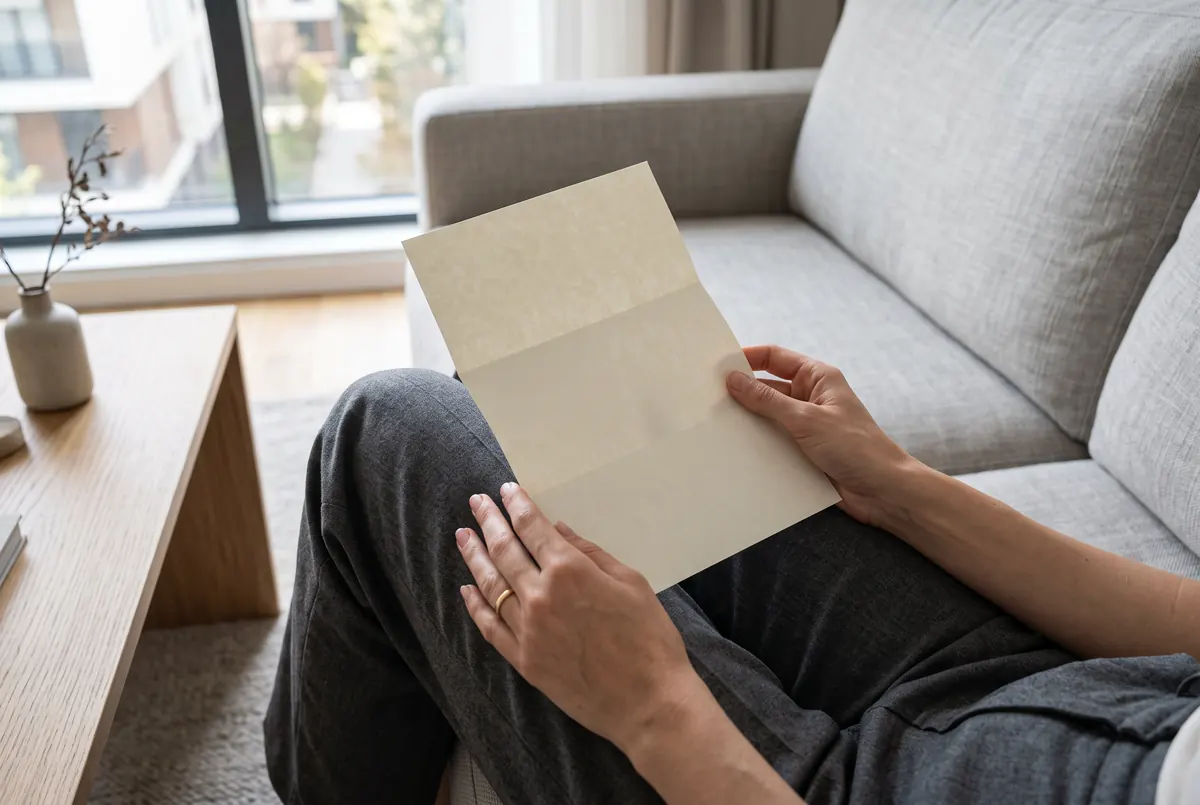 Ženske ruke drže presavijen list papira u krilu